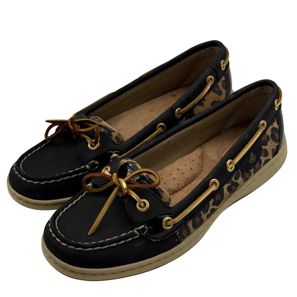 Sperry Top Sider Boat Shoes Black Patent Leather Leopard Print 6.5M Preppy Comfy